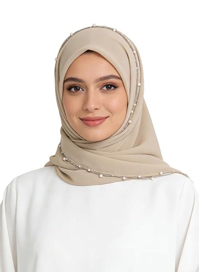 حجاب أنيق مزين بالخرز واللؤلؤ للنساء، مصنوع من الشيفون الحريري، حجاب إسلامي جاهز للاستخدام، غطاء رأس، شال طويل - Image 5